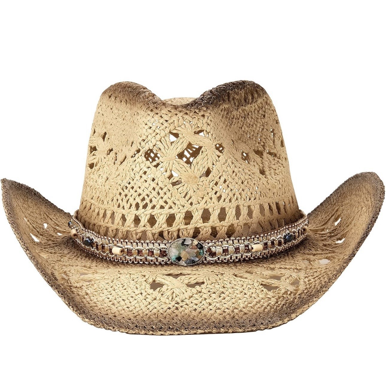 Women’s Straw Cowboy Hat, Breathable Western Cowgirl Hat W/2 Decorative Bands