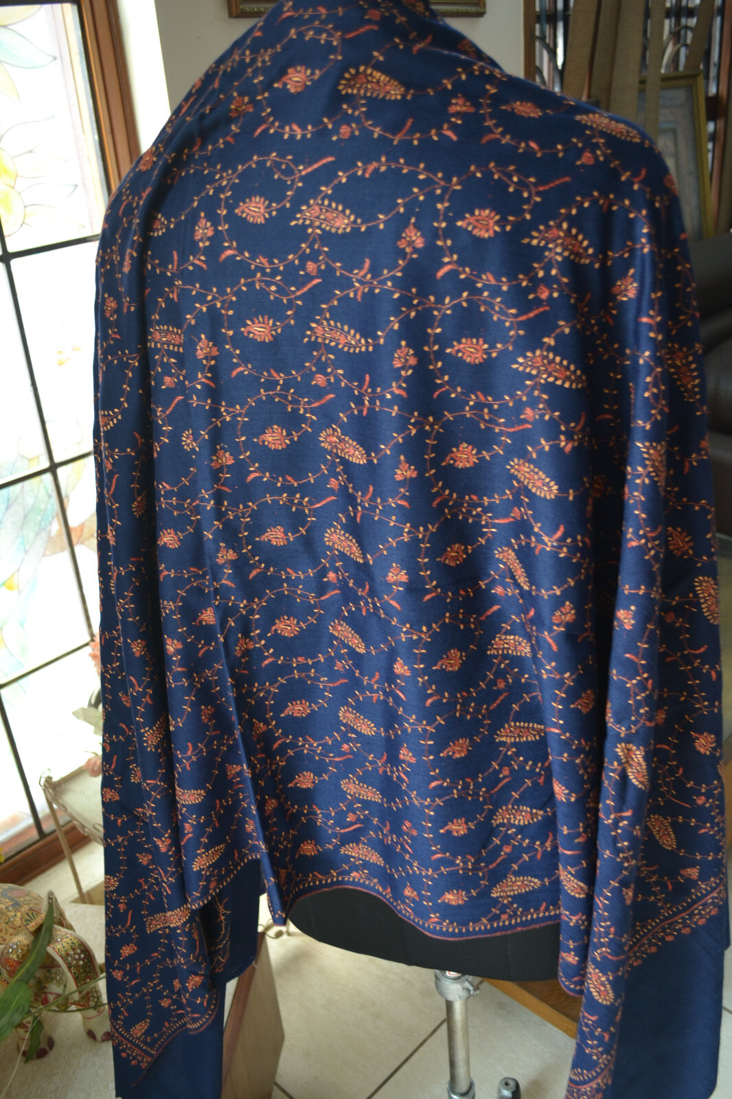 Dark blue MICRO JAAL KASHMIRI EMBROIDERY SHAWL ~ 100% CASHMERE PASHMINA