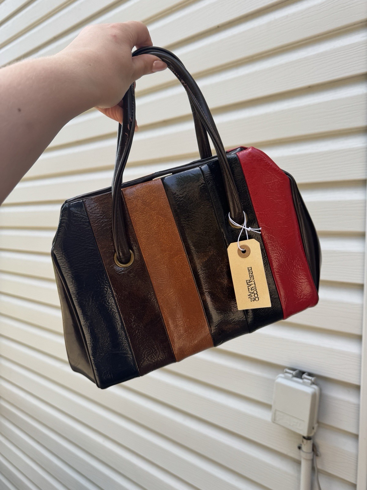 Retro Colorblock Frame Satchel Top Handle Bag Kiss Lock Zip Lined Pockets