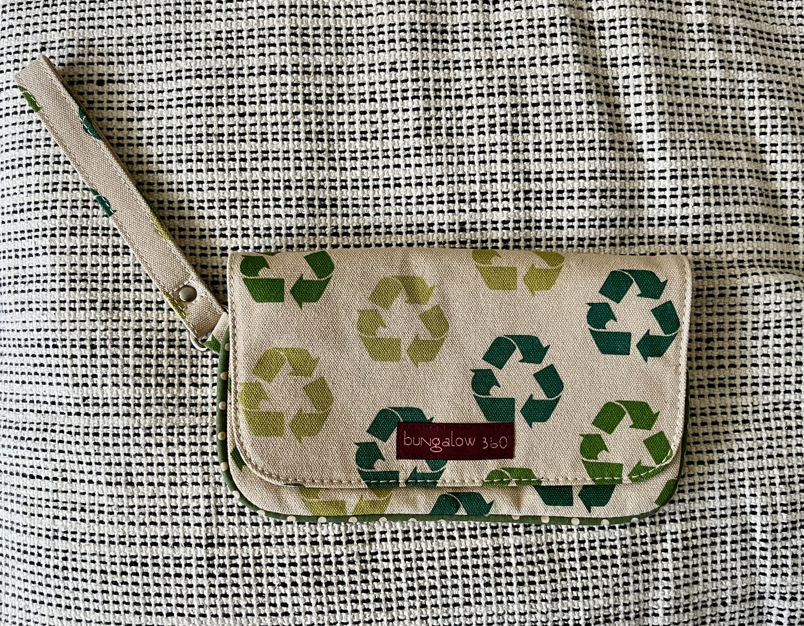 Bungalow 360 Wristlet Clutch, Hand Strap, Canvas, Recycle Logo Print, Peace Pull