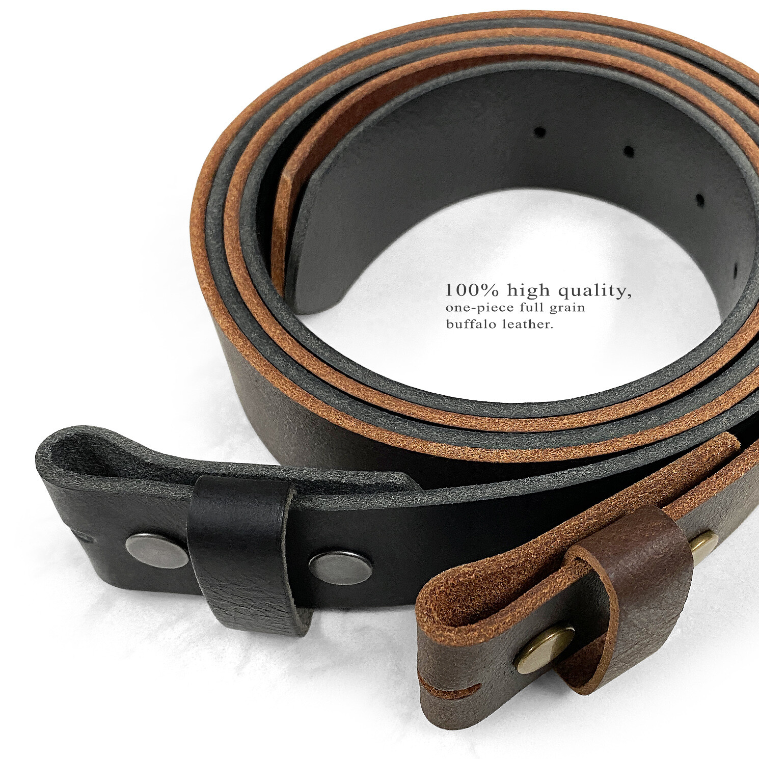 Big and Tall One Piece Full Grain Leather Belt Strap with Snaps Up to size 60″