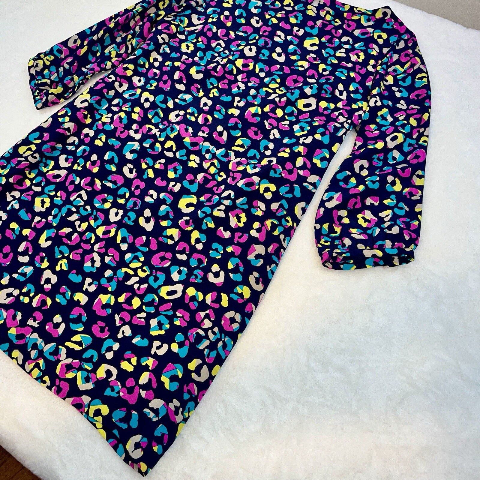 Britt Ryan Shift Dress Sz L Navy Leopard Multicolor 3/4 Slv 100% Silk Made In US