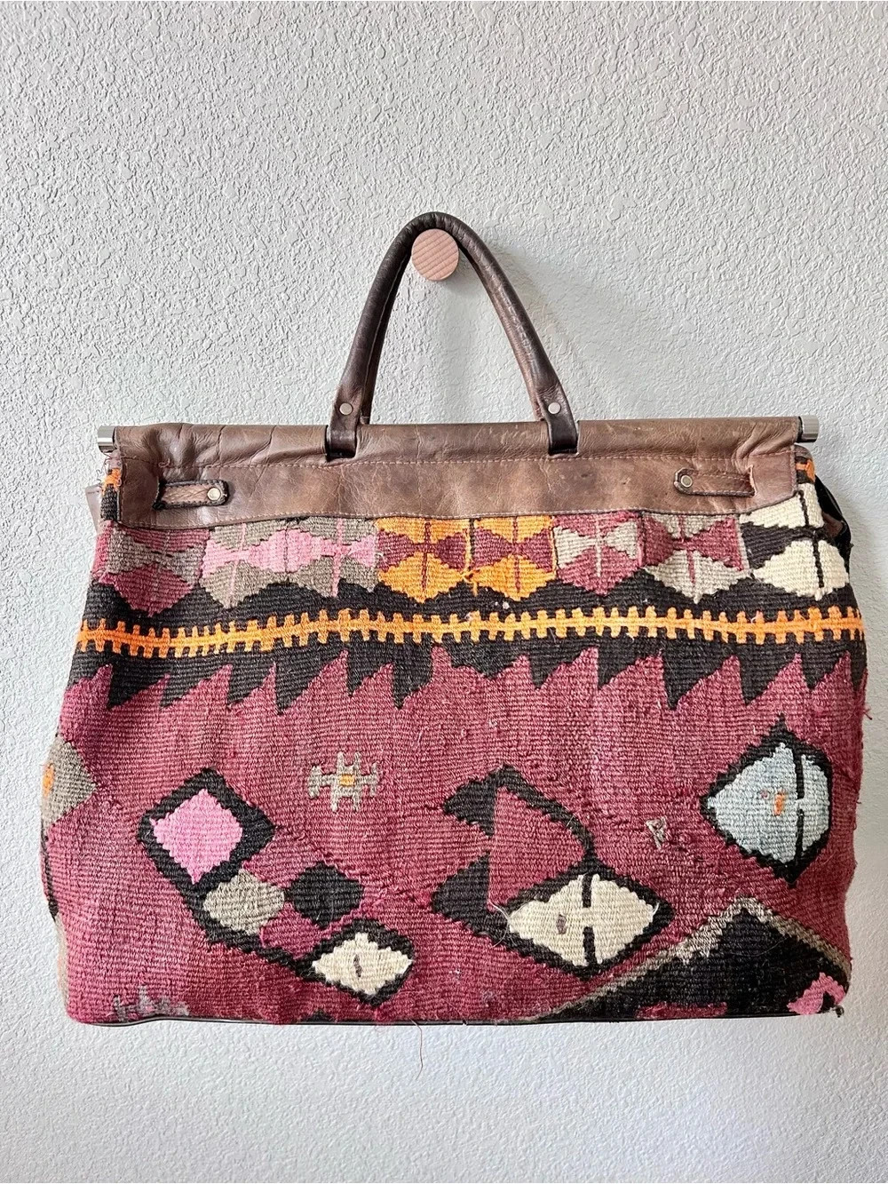 Turkish Anatolian Rug Bag with Leather Details Handmade Vintage Aztec Travel