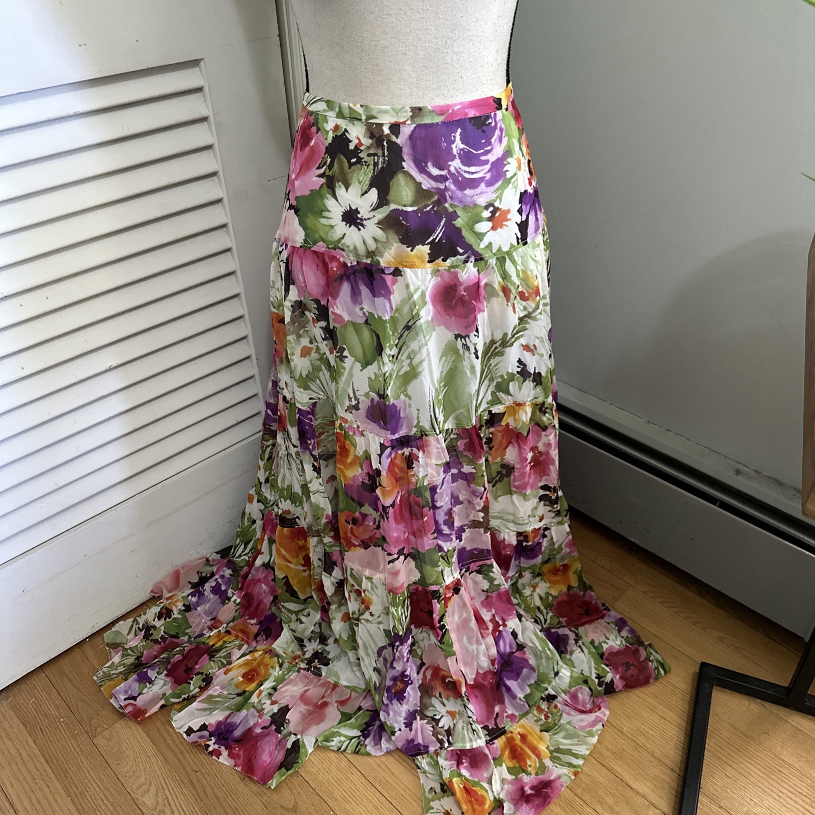 Jones New York Skirt Womens 14W Colorful Silk Maxi Retro 90s Garden Party Fairy
