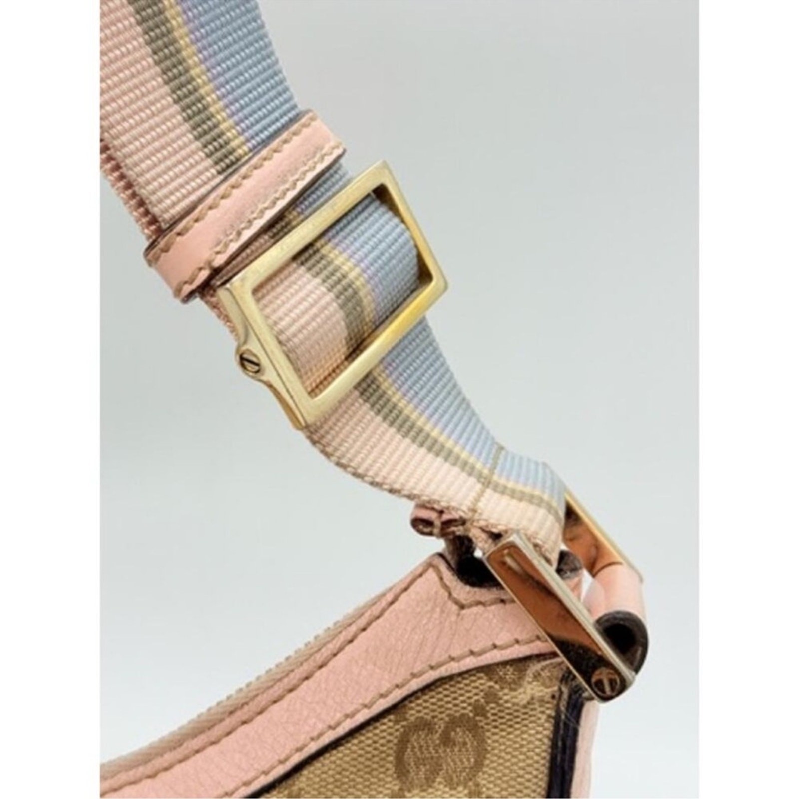 Gucci Monogram Web Medium Half Moon pastel Accents Canvas W/Leather trim.