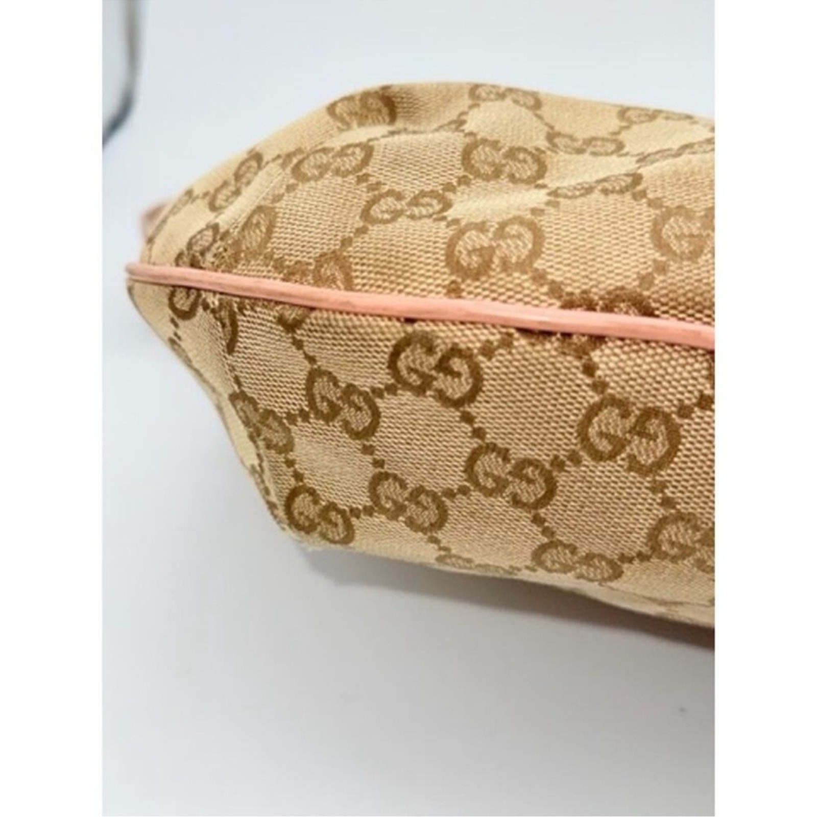 Gucci Monogram Web Medium Half Moon pastel Accents Canvas W/Leather trim.