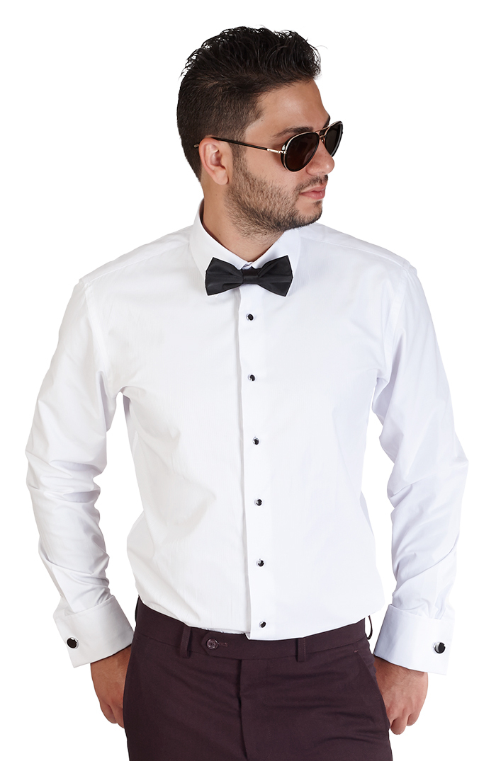 Mens No Tags Slim Fit White Tuxedo Dress Shirt Lay Down Bow Studs Cufflink AZAR