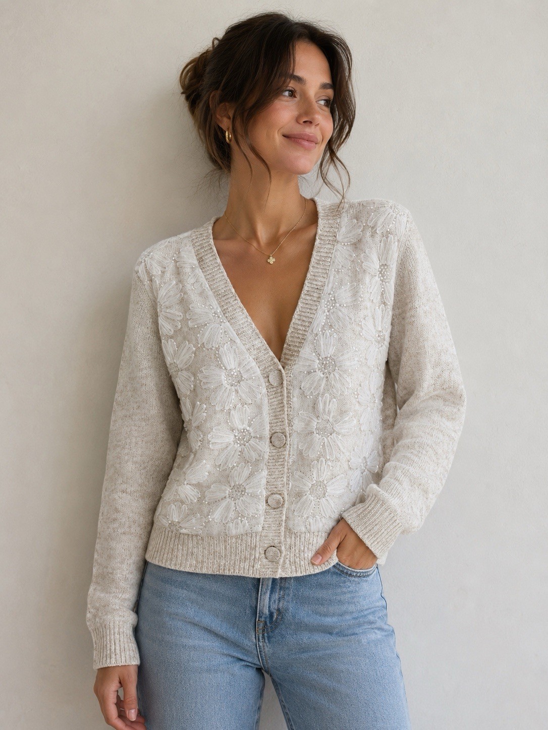 NWT So Sweet Off White Wool Blend Floral Lace Button Down Cardigan Small Pretty