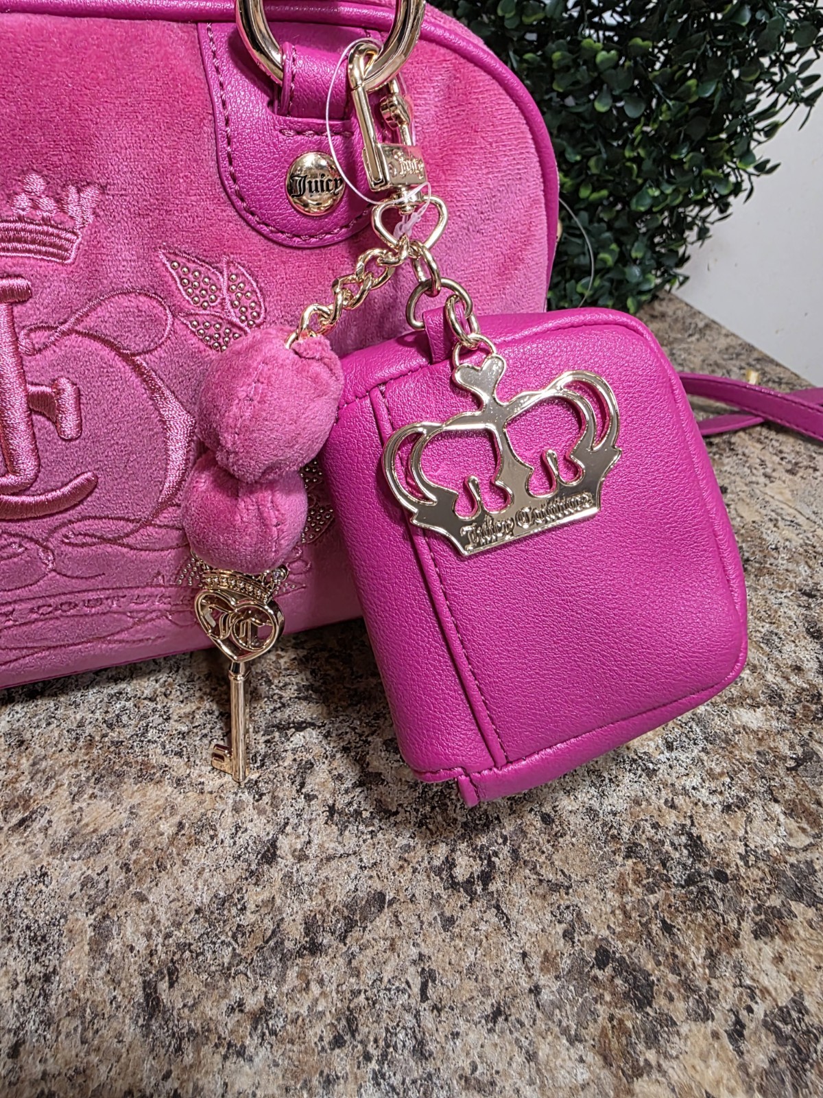 Juicy Couture Pink Logo Satchel Top Handle Zip Rhinestone Charm Gold Hardware