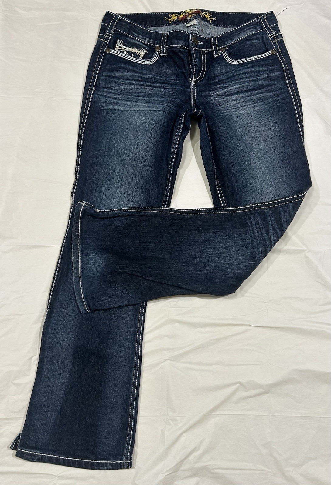 Maurices Y2K Contrast Thick Stitch Flare Jeans Dark Wash Size 9/10