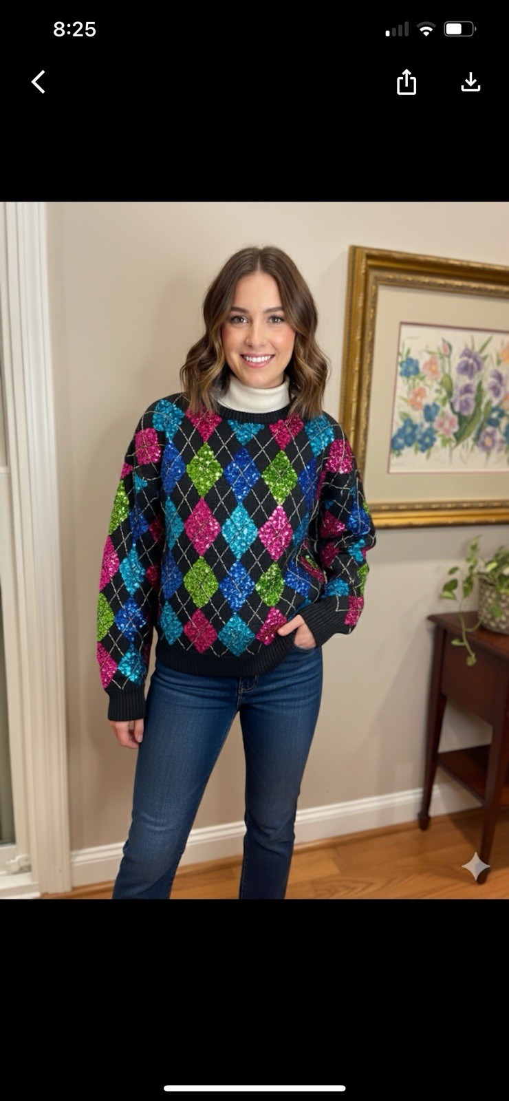 Eminent 1980s Colorful Argyle Sequined Ladies Sweater Size Medium Cotton Blend