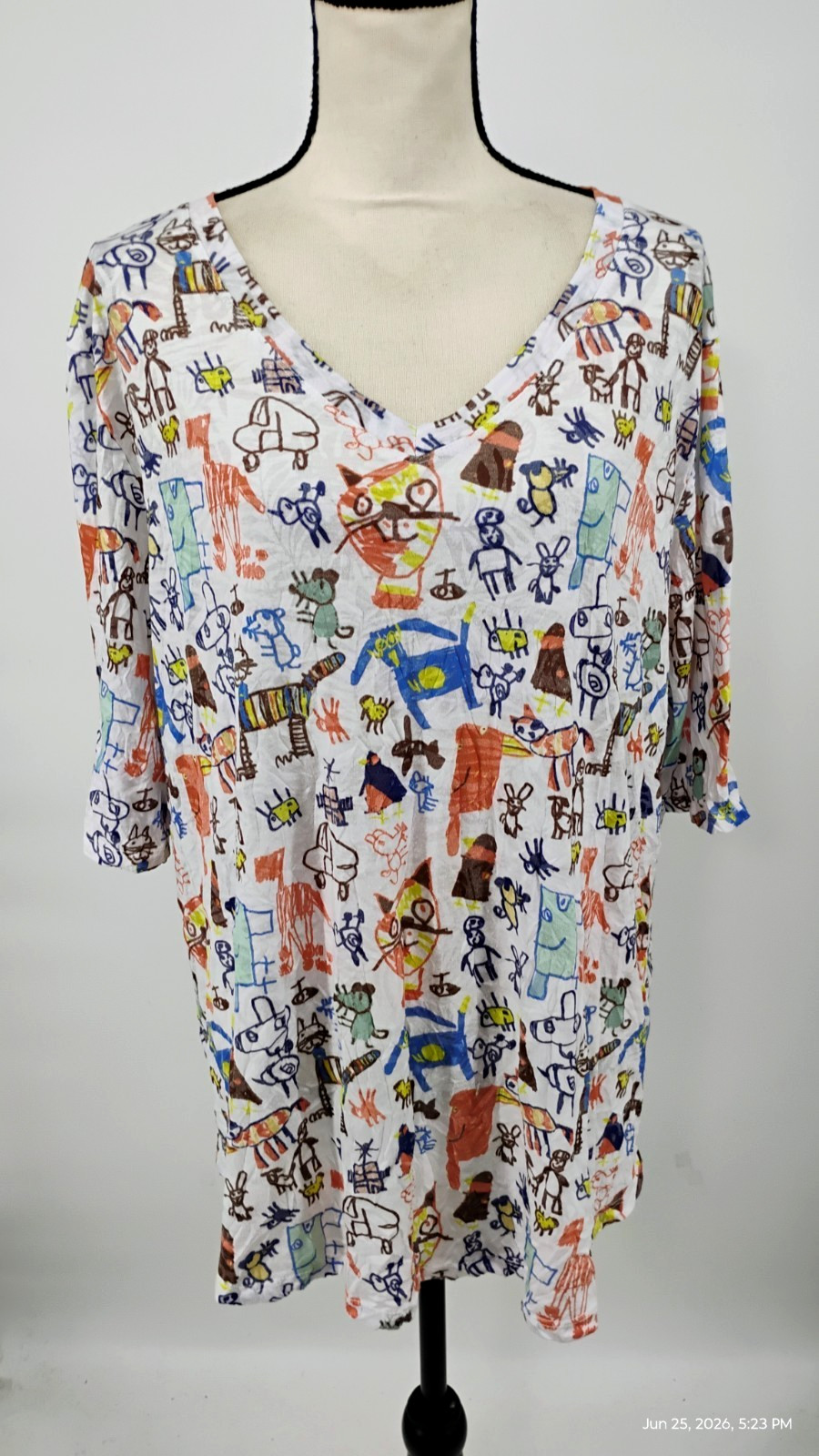 NEW Shana Cats Print Colorful Art Tunic Top V-Neck 3/4 Sleeve Size XL