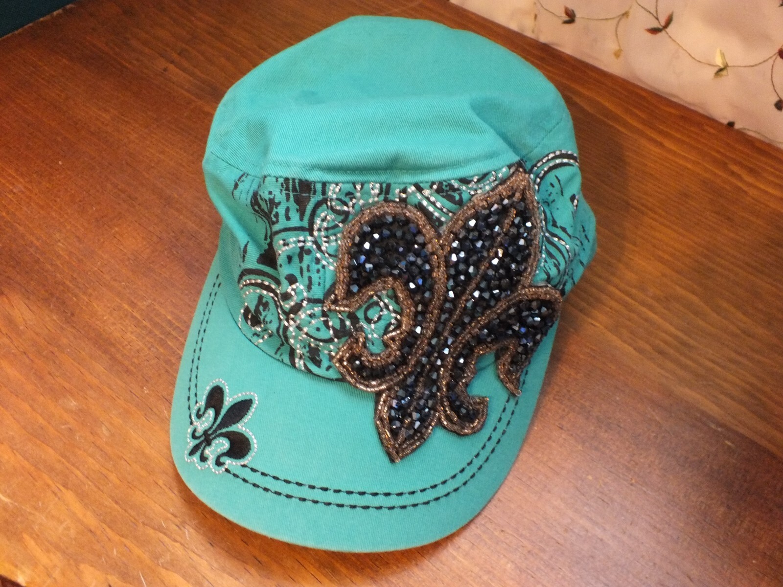 Cute Women’s Cap Hap Teal Black Bead Accents Signed KBETHOS Adj Back