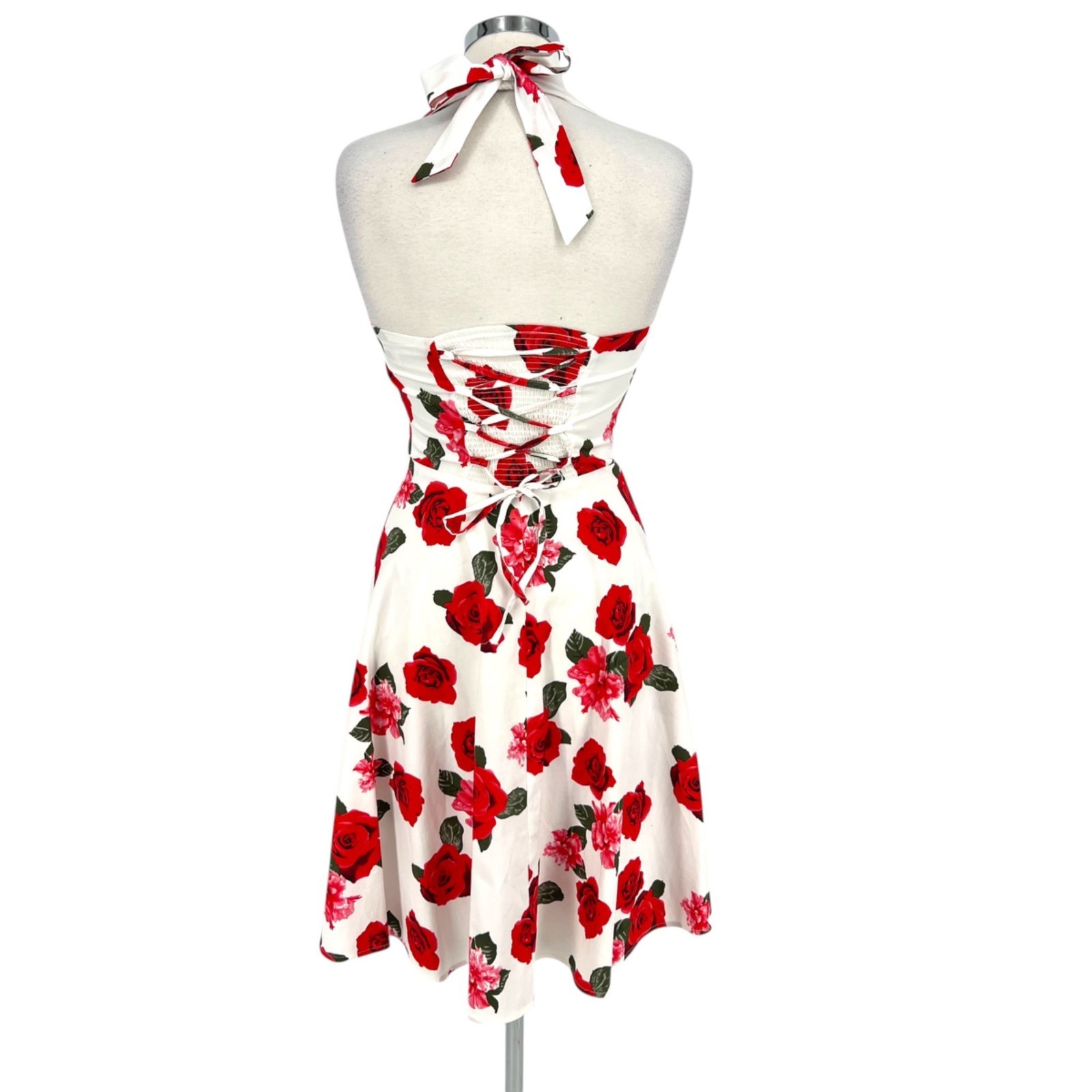 Top Dress Pin-up Retro 50s Rose Halter Swing Dress White Red Size Small