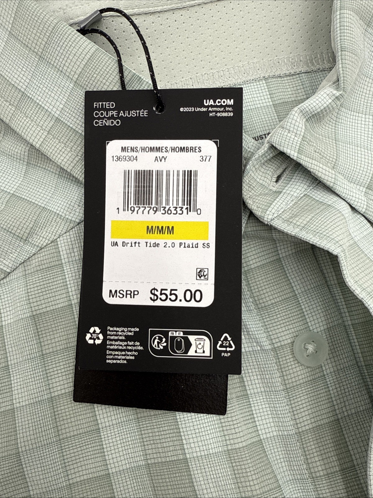 $55 Under Armour Men’s Drift Tide 2.0 Plaid Button Up Shirt-Hydro Green -Medium