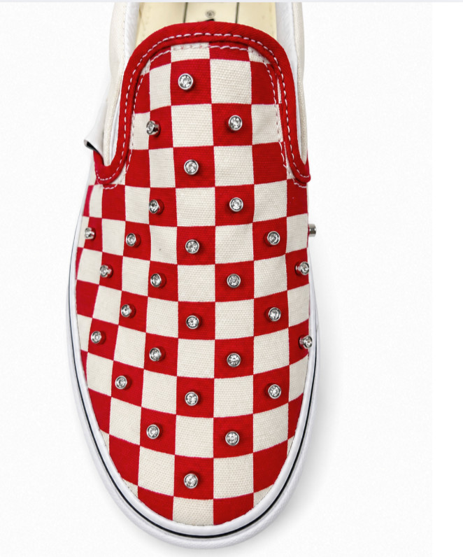 Vans Classic Slip-On Checkerboard Rhinestone Red Beige Canvas Women’s 6.5 NIB