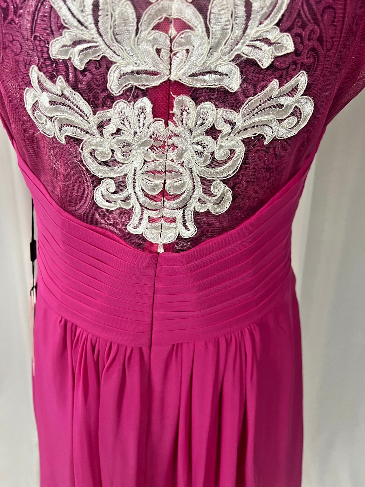 NWT JJ’s House Fuchsia Pink V-Neck Chiffon Cocktail Dress with Lace Appliques