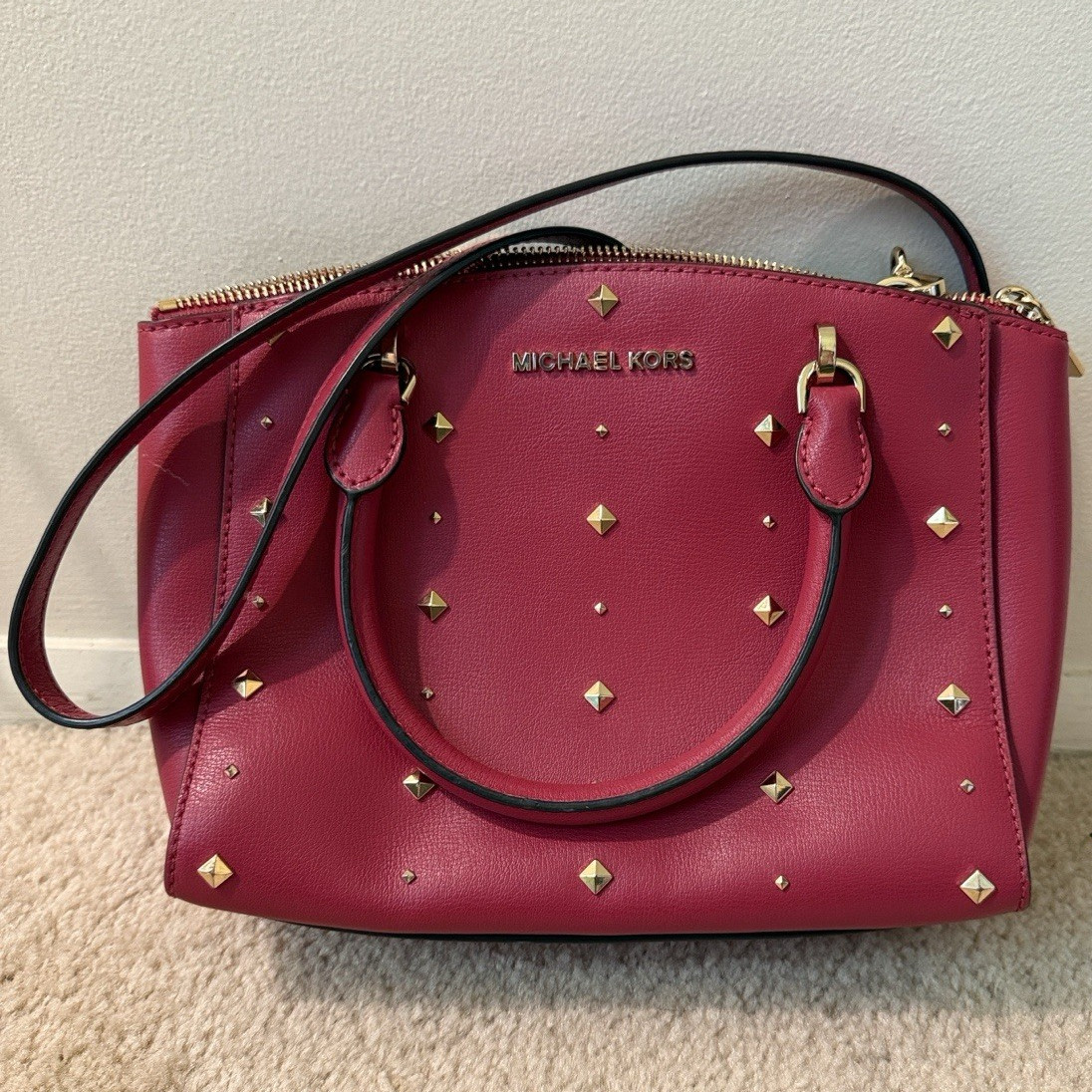 Michael Kors Pink Small Studded Satchel Top Handle, Gold Hardware, Strap