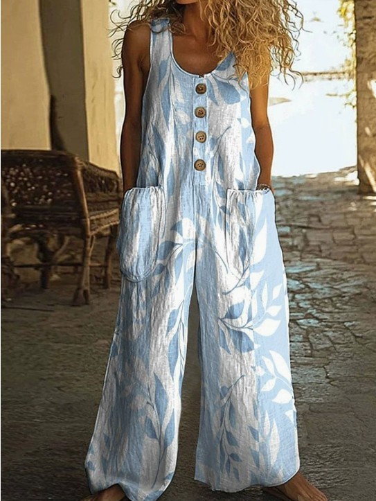 Women Sleeveless Wide Leg Jumpsuit Floral Print Loose Pocket Long Overall Romper
