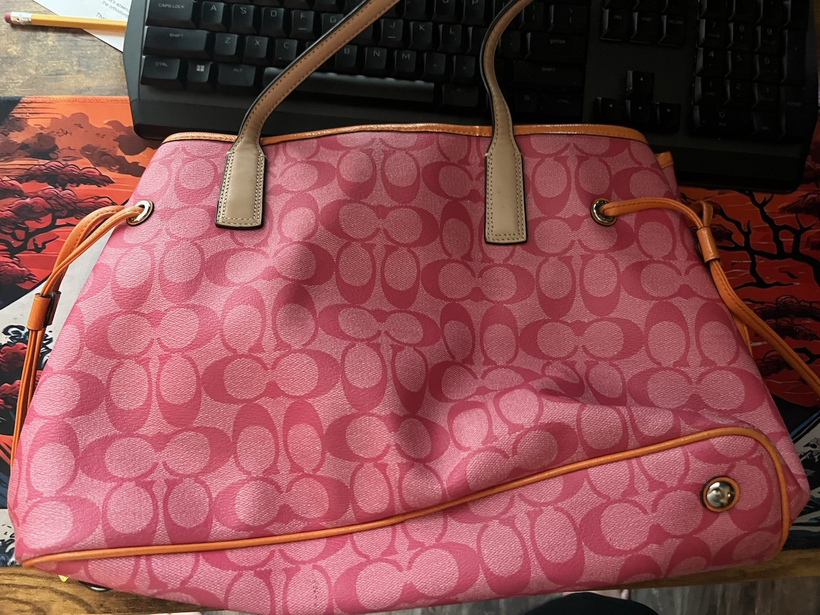 Coach Pink Signature Logo Large Tote Bag w/ Pouch, Inner Pockets Snap