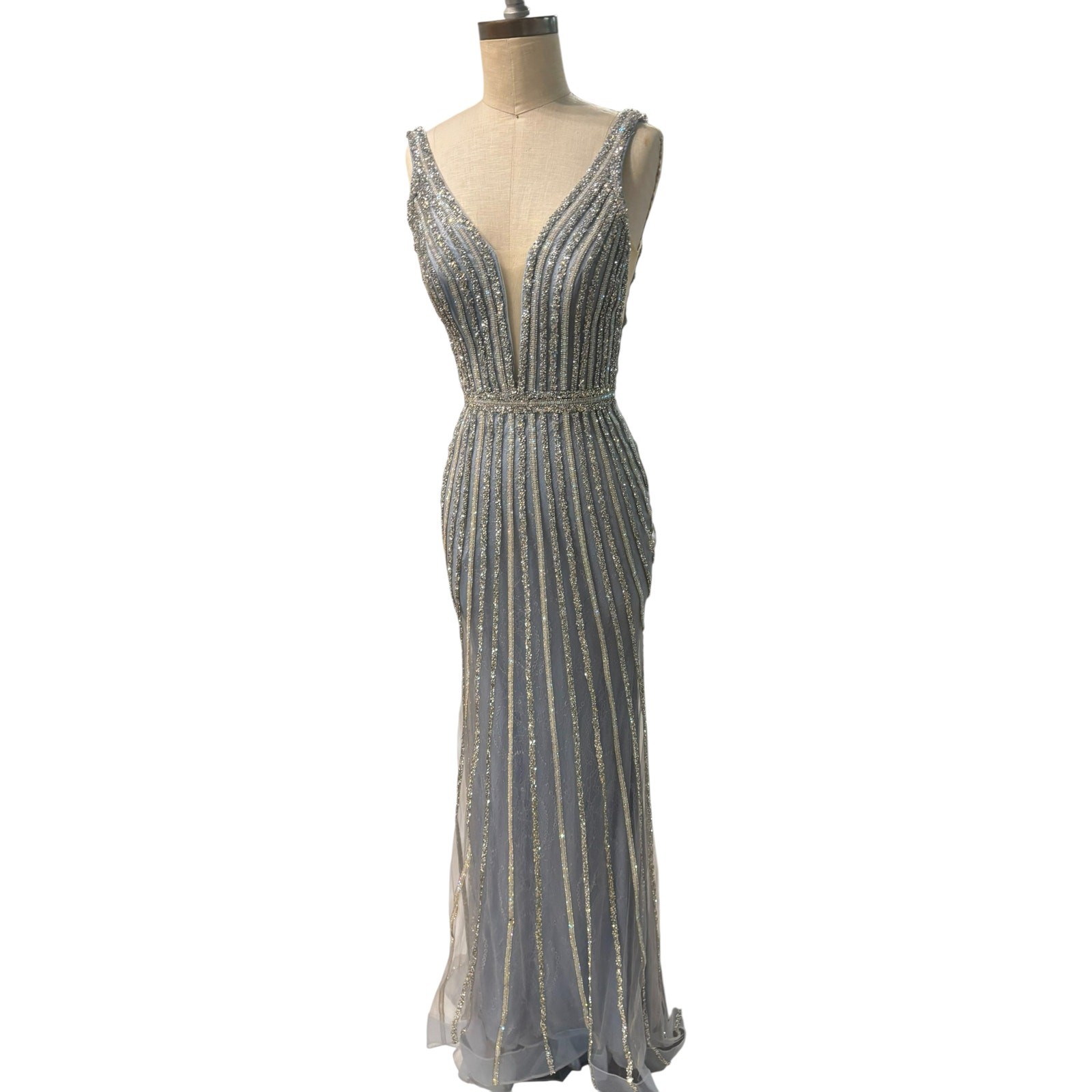 Ladivine by Cinderella Divine Womens Beaded Mermaid Fit & Flare Dress Blue Sz 2