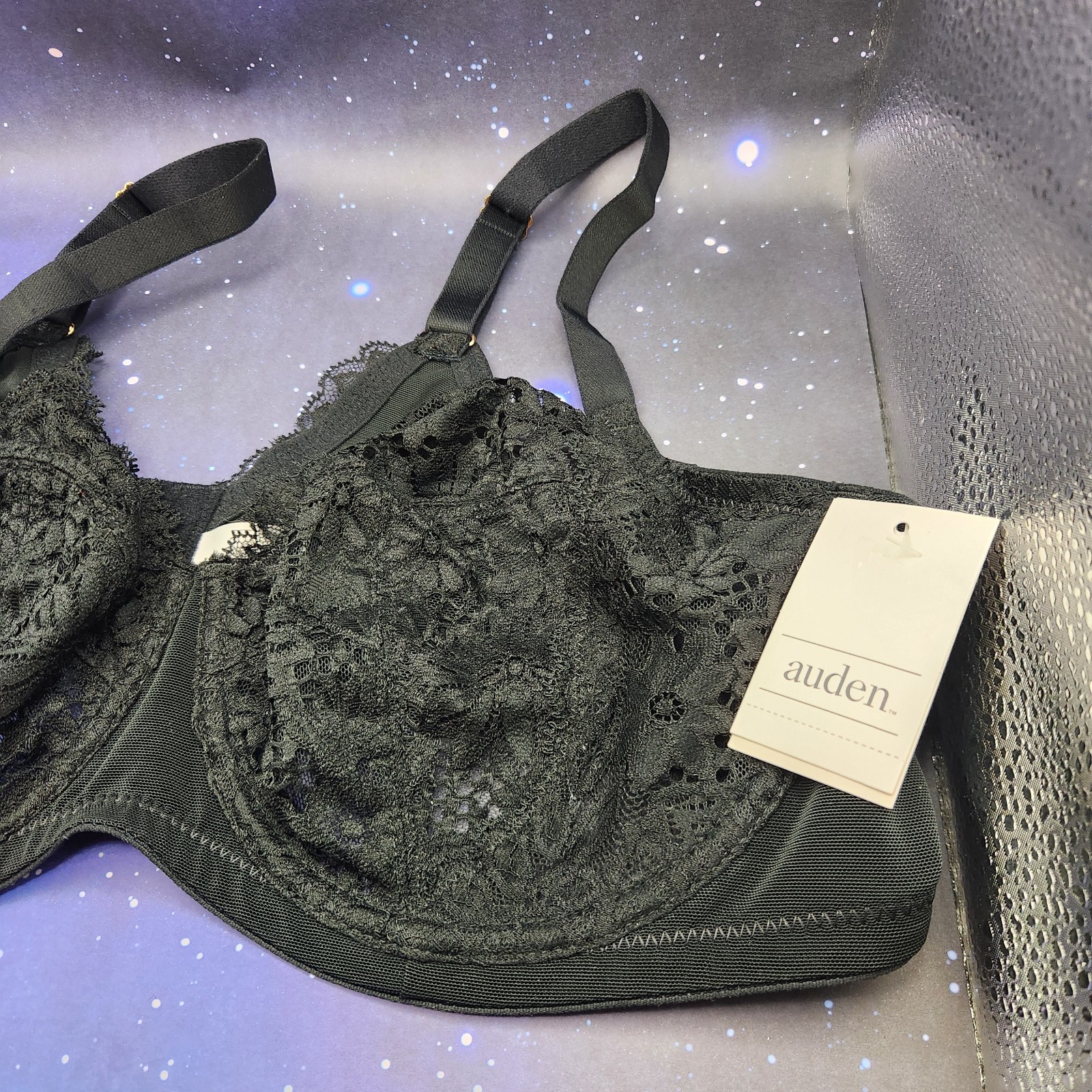 Auden Solid Black w Lace Underwire Full Coverage Unlined Bra 42 C NEW