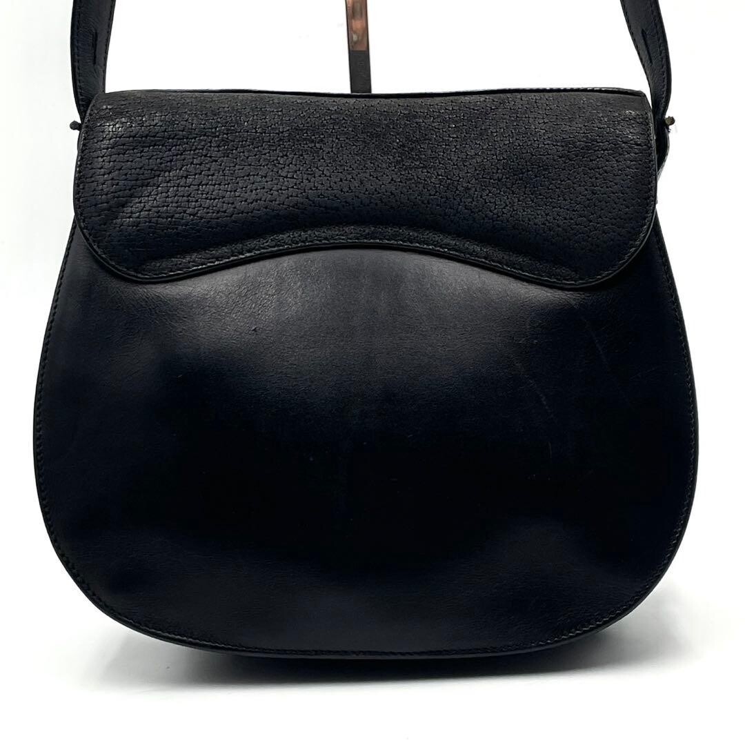 Gucci Vintage Interlocking GG Saddle Shoulder Bag Black Leather Suede Auth