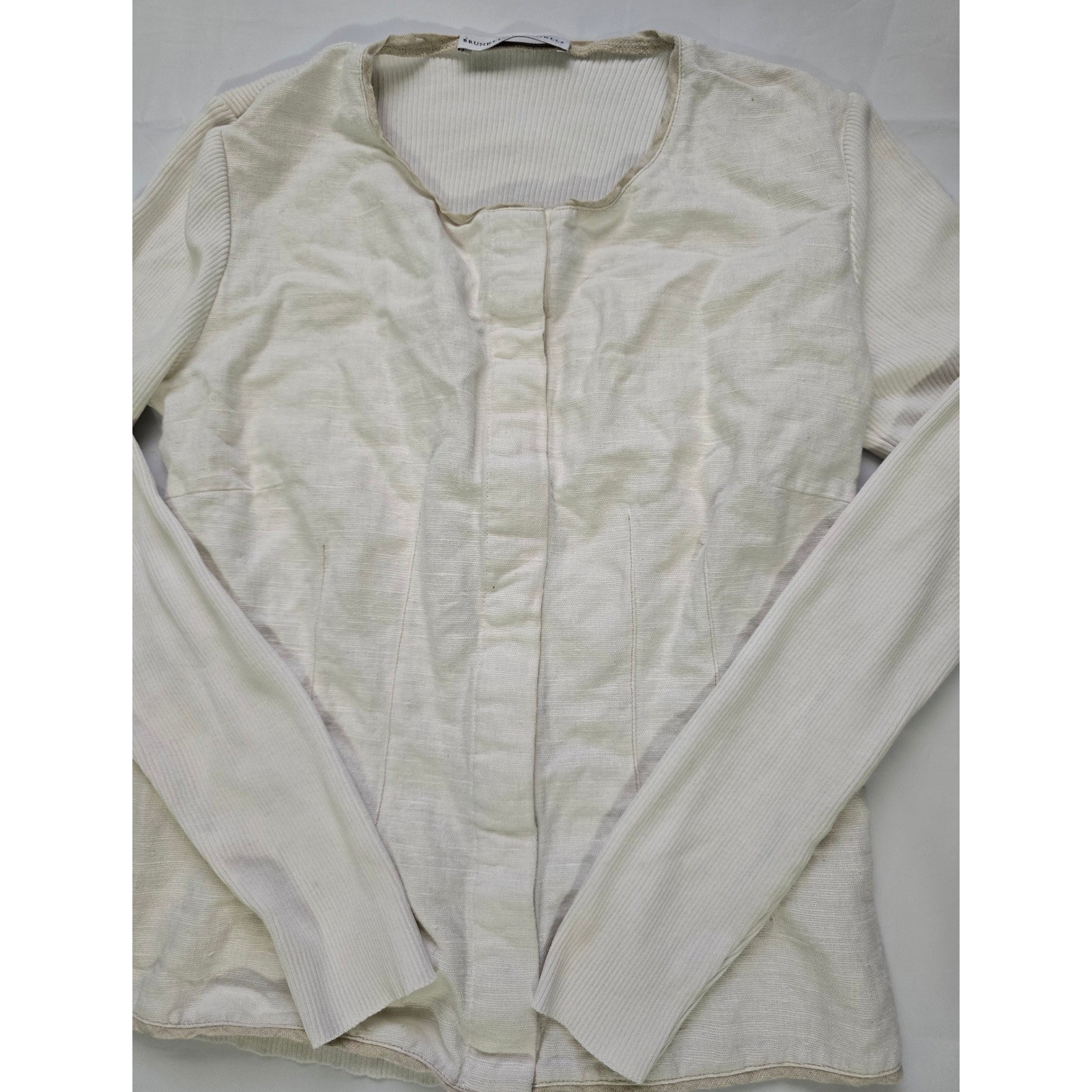 Brunello Cucinelli Cream Mixed Media Hook Eye Front Long S Top Small Cotton&Silk