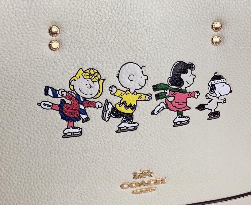 COACH Classic Printed Snoopy White Leather Shoulder Bag 8.6 in