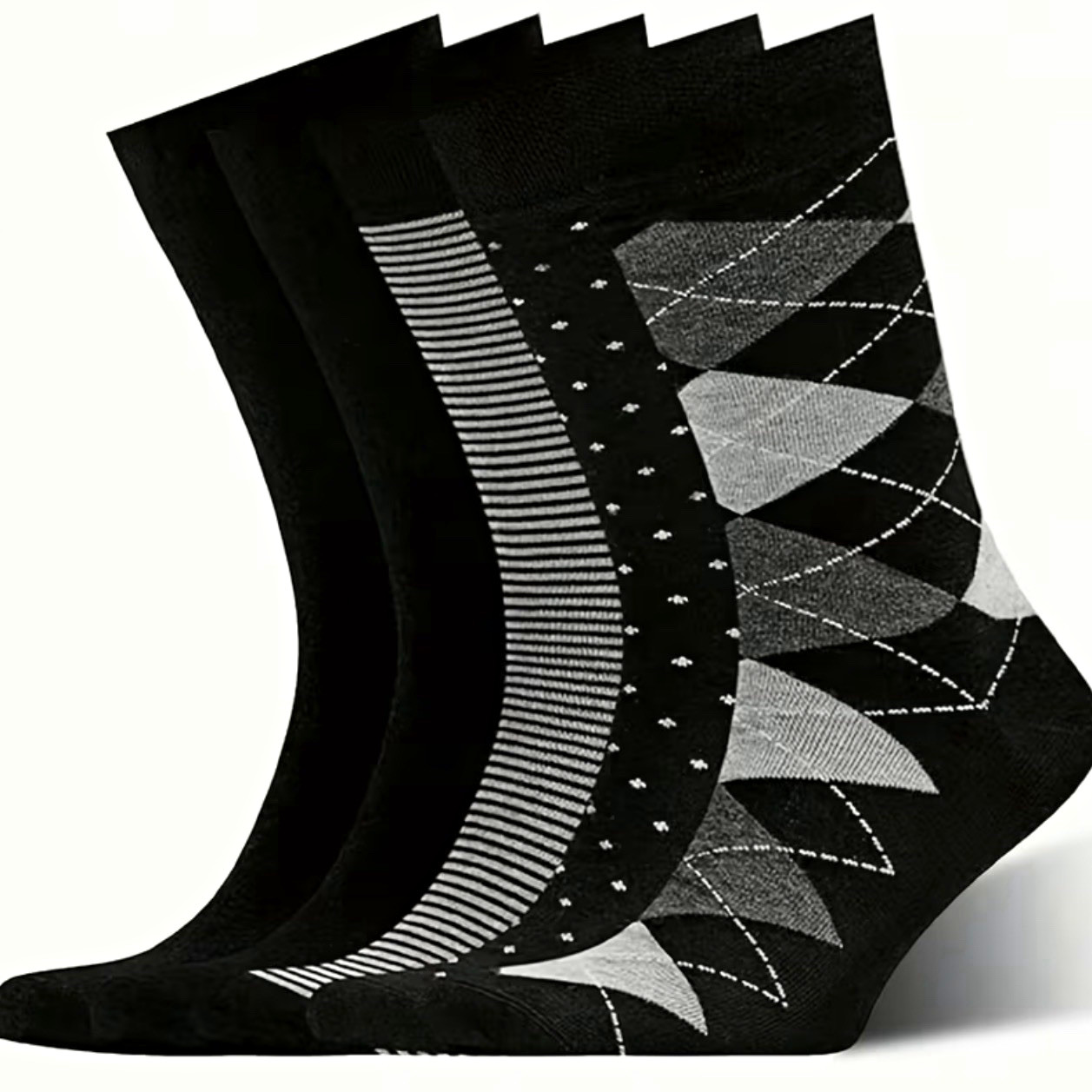 Men’s Argyle Dress Socks Black/Gray Mid Calf Seamless Toe, 5 Pairs Pack