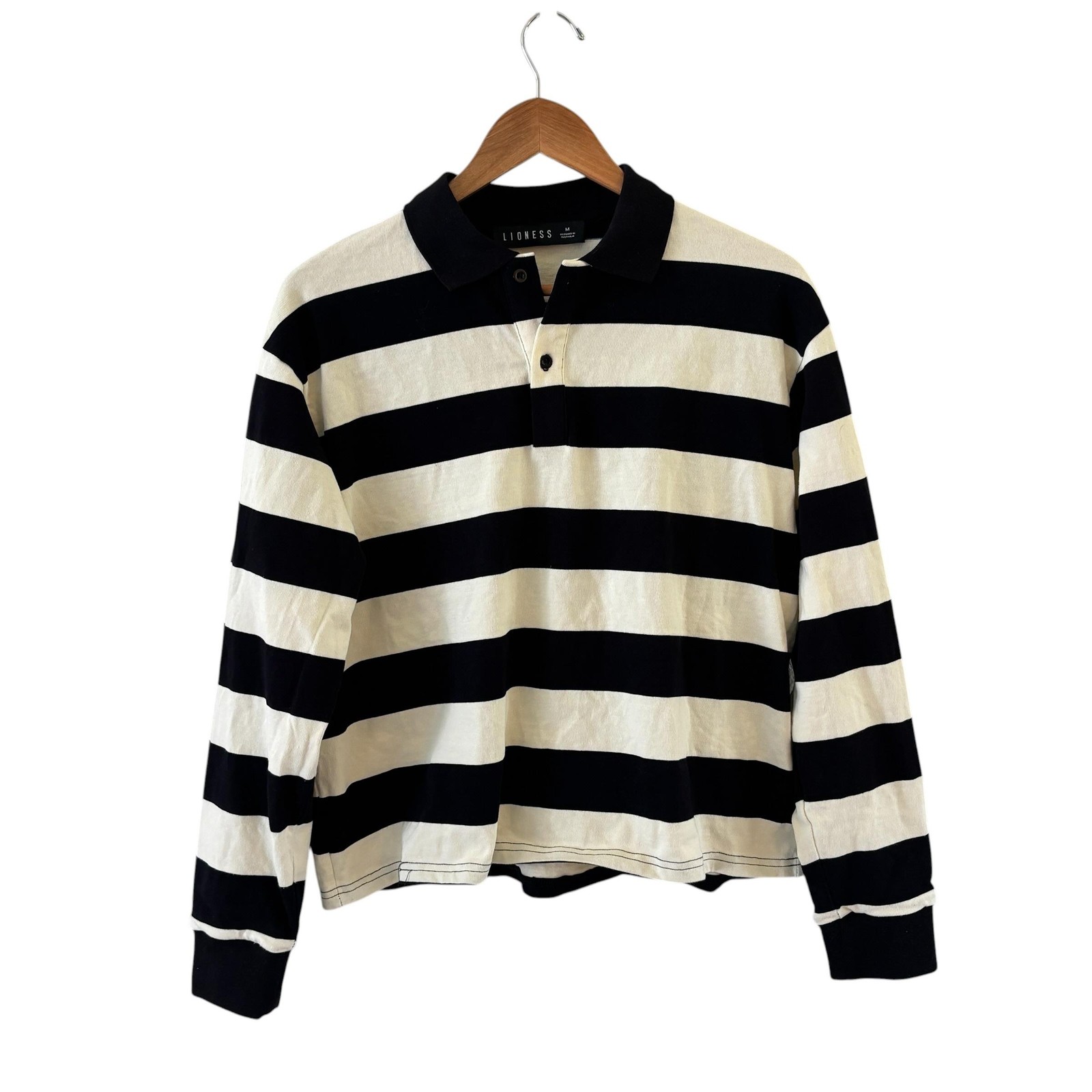 Lioness Striped Rugby Polo Shirt Womens M Black White Preppy Academia Nautical