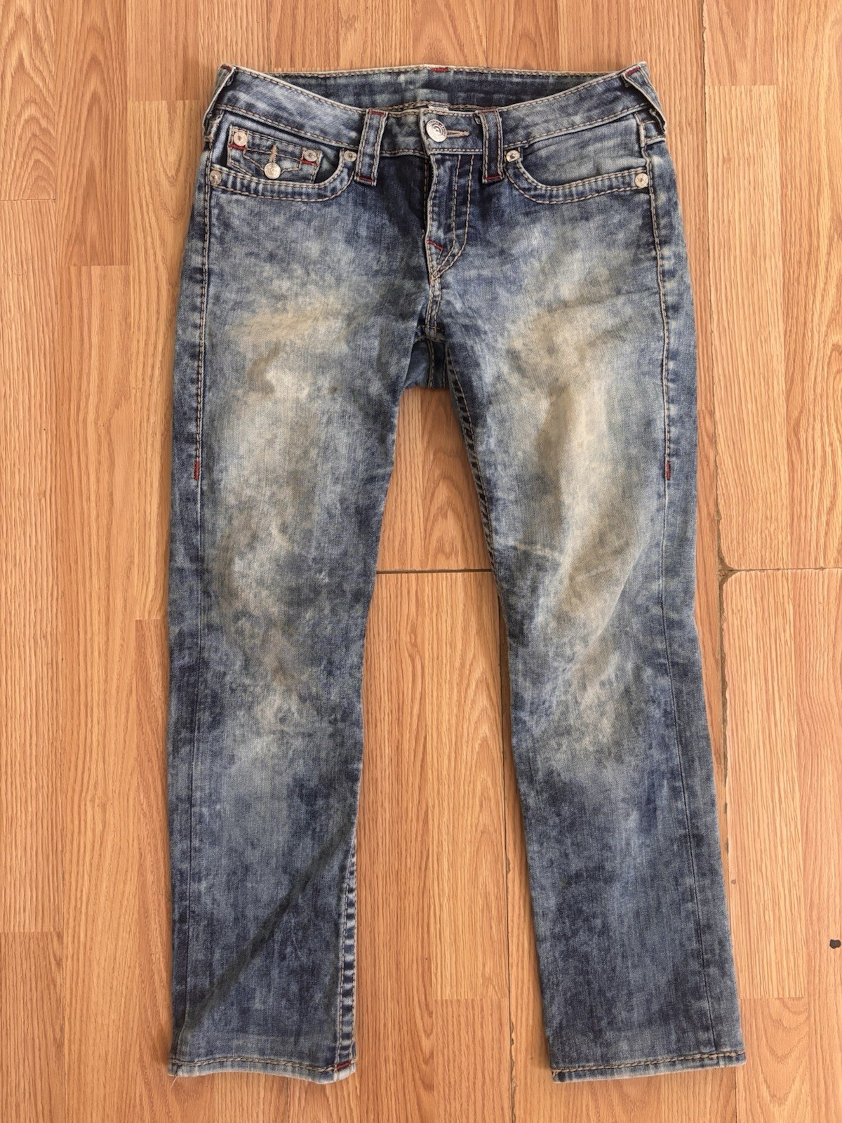 True Religion Blue Denim Jeans Slim Fit Straight Leg Medium Wash Logo 5-Pocket