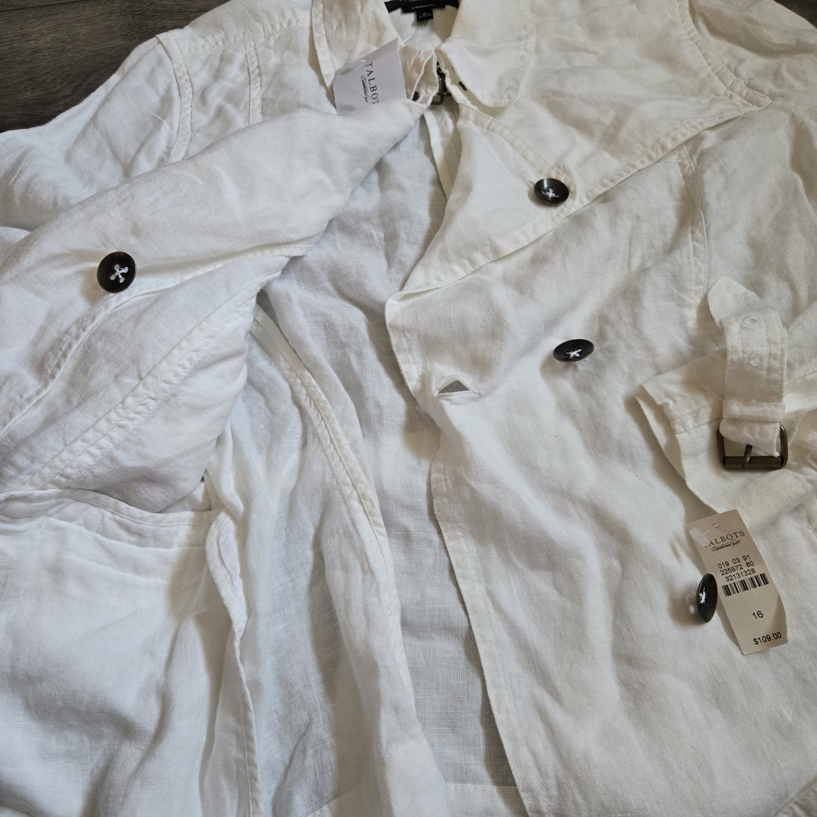 NWT Talbots 100% Pure Irish Linen Trench Jacket White Belted Safari Utility 16