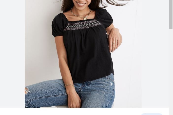 Madewell Black Cotton Embroidered Square Neck Top Blouse Medium