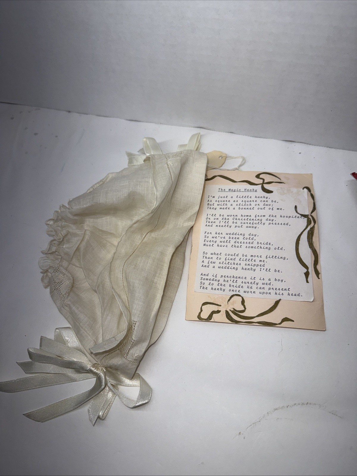 Vintage Baby Christening Bonnet Magic Hanky Wedding Heirloom Linen Lace