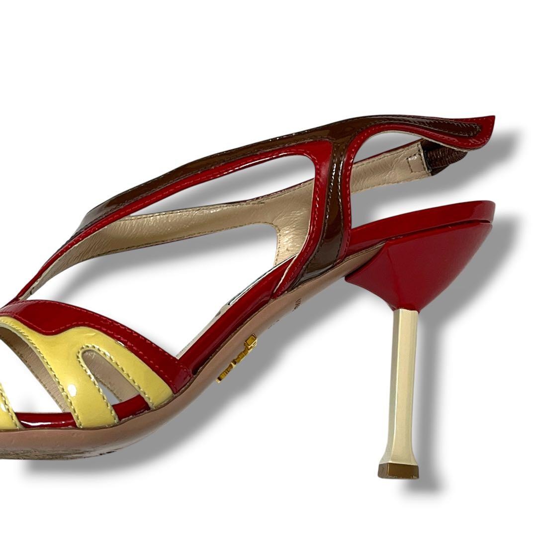 PRADA Patent Leather Heeled Sandals 22.5cm Red Yellow Italy