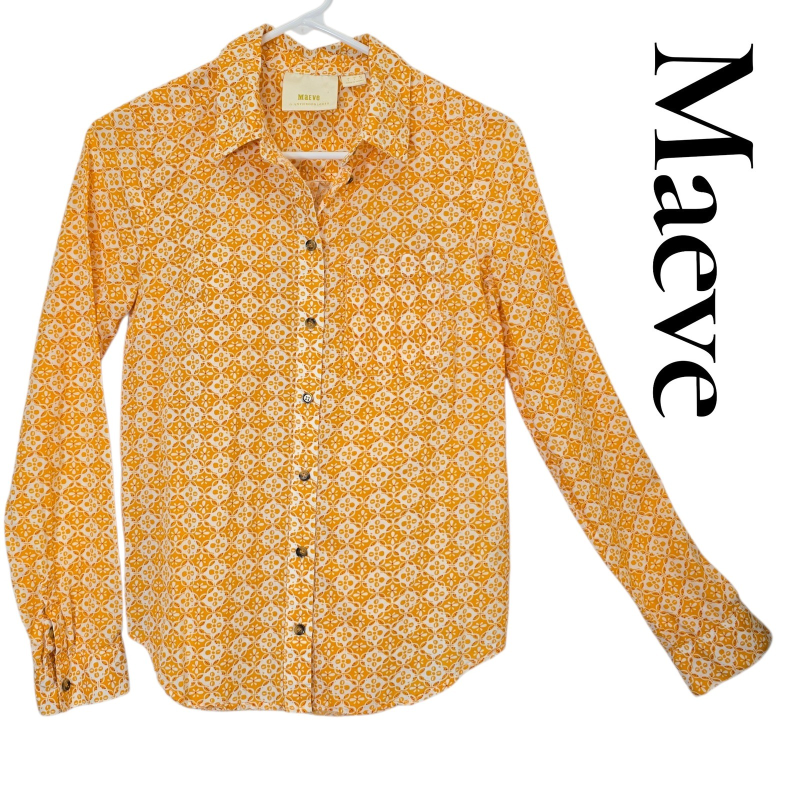 Maeve Anthropologie Button Down Women 2(S) Orange Cotton Geometric Boho Shirt