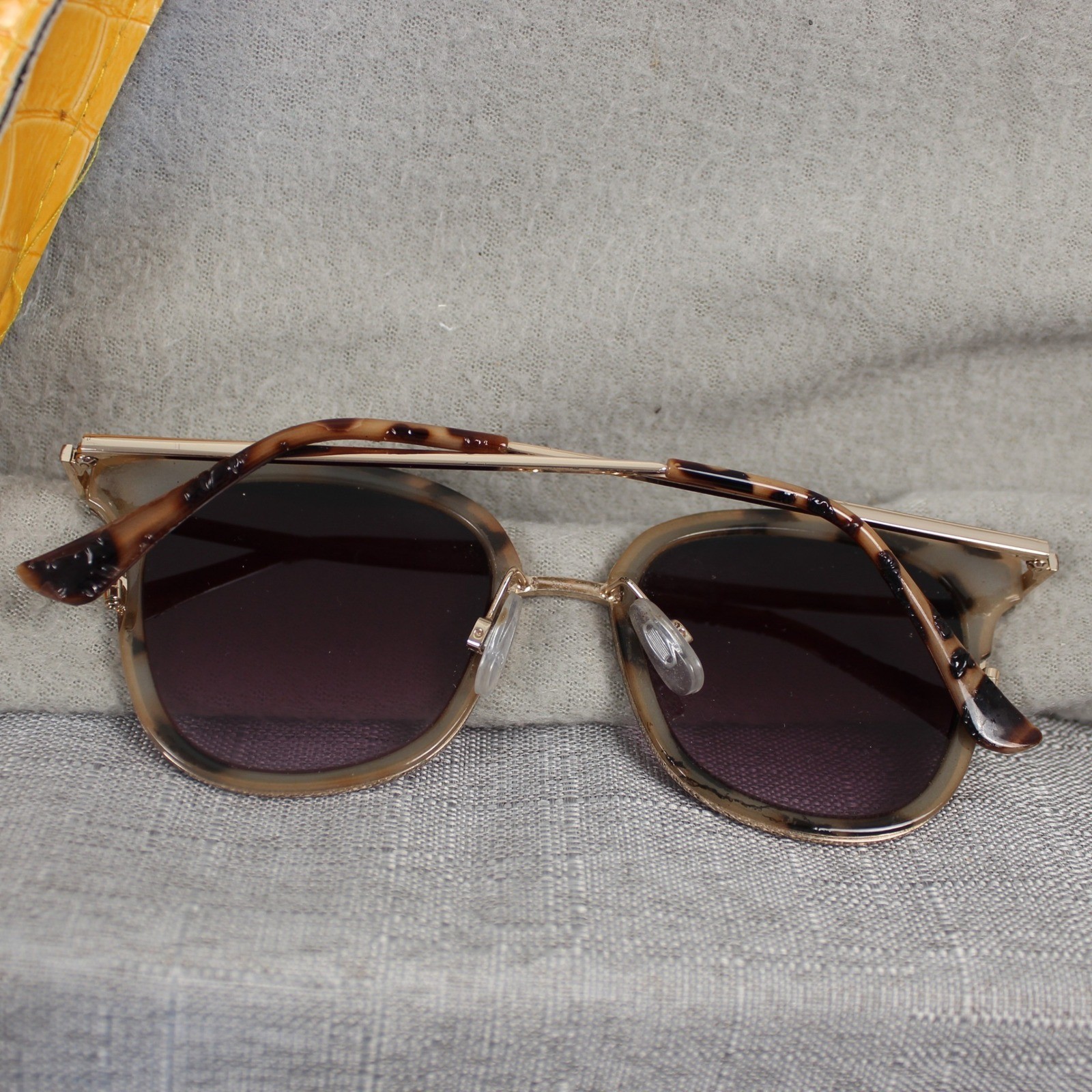 Sunglasses Tortoiseshell Square Cat Eye Gold Tone Brown Yellow Case Quiet Luxury