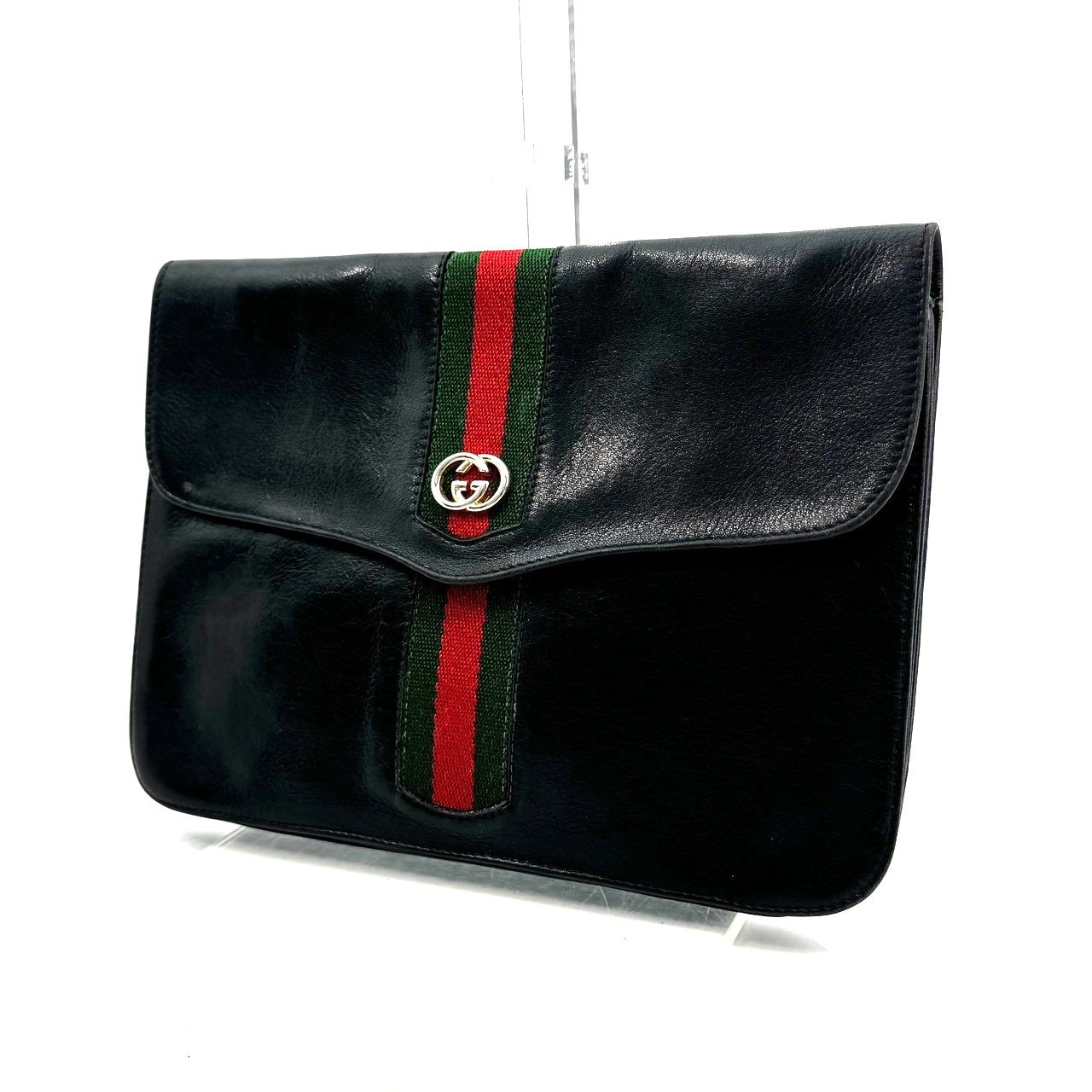 Vintage Gucci Sherry Line Clutch Bag Pouch Black Leather Authentic From Japan