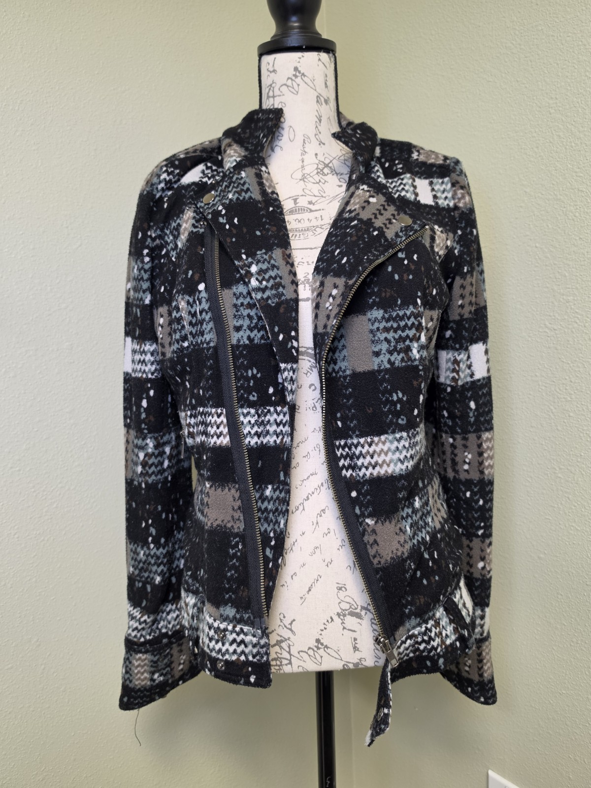 Free People Plaid Splatter Moto Jacket Zip Front Pockets Short Long Sleeve 10