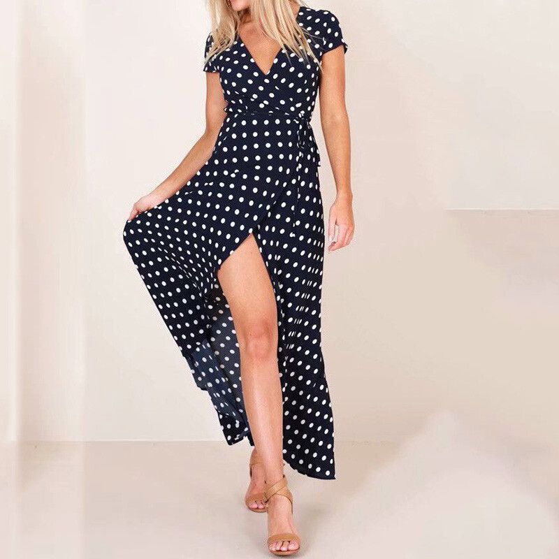 Women Maxi Sundress Loose Pullover Polka Dot Slit Paisley Ladies Long Dress Sexy