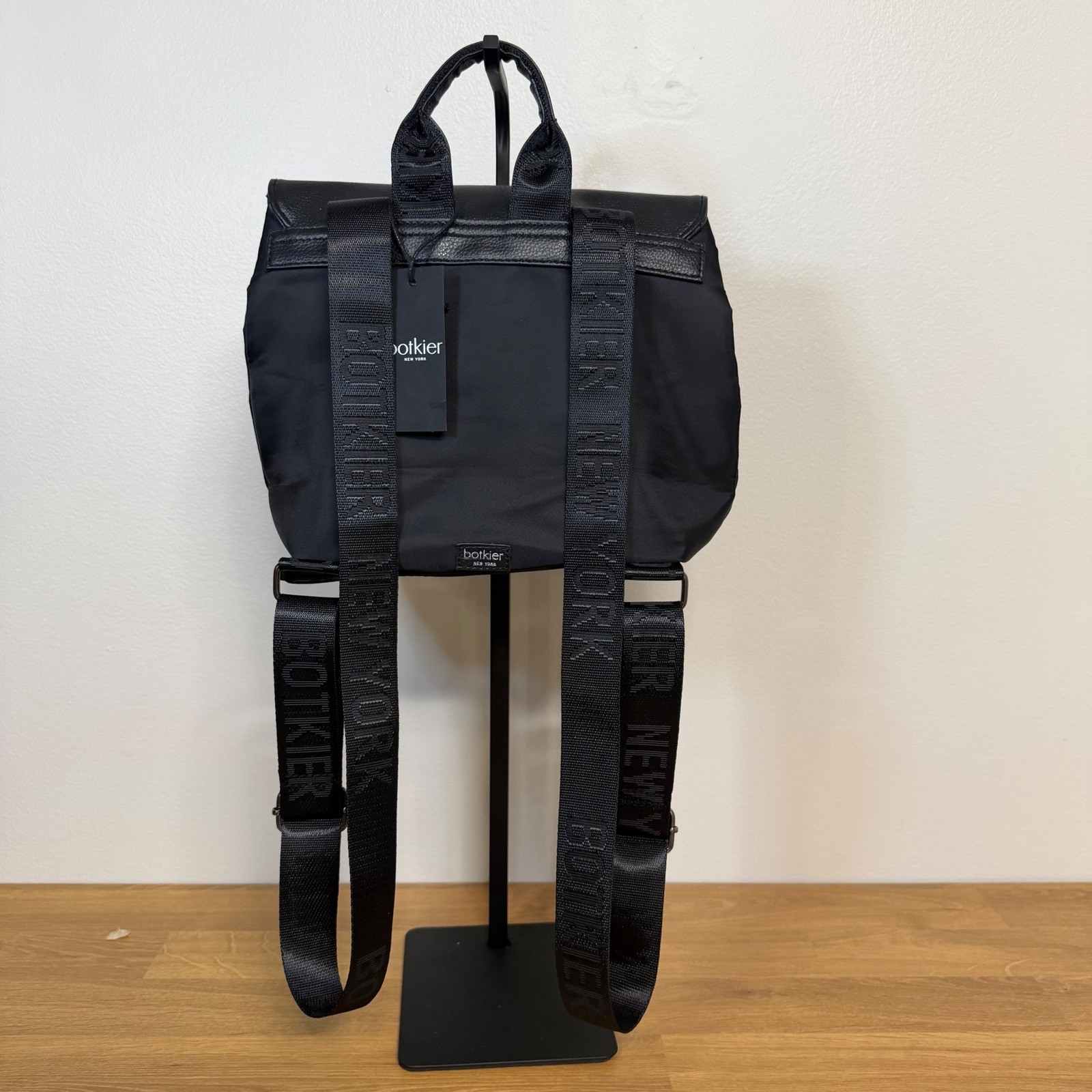 Botkier New York Trigger Black Nylon Leather Flap Backpack Logo Straps NEW