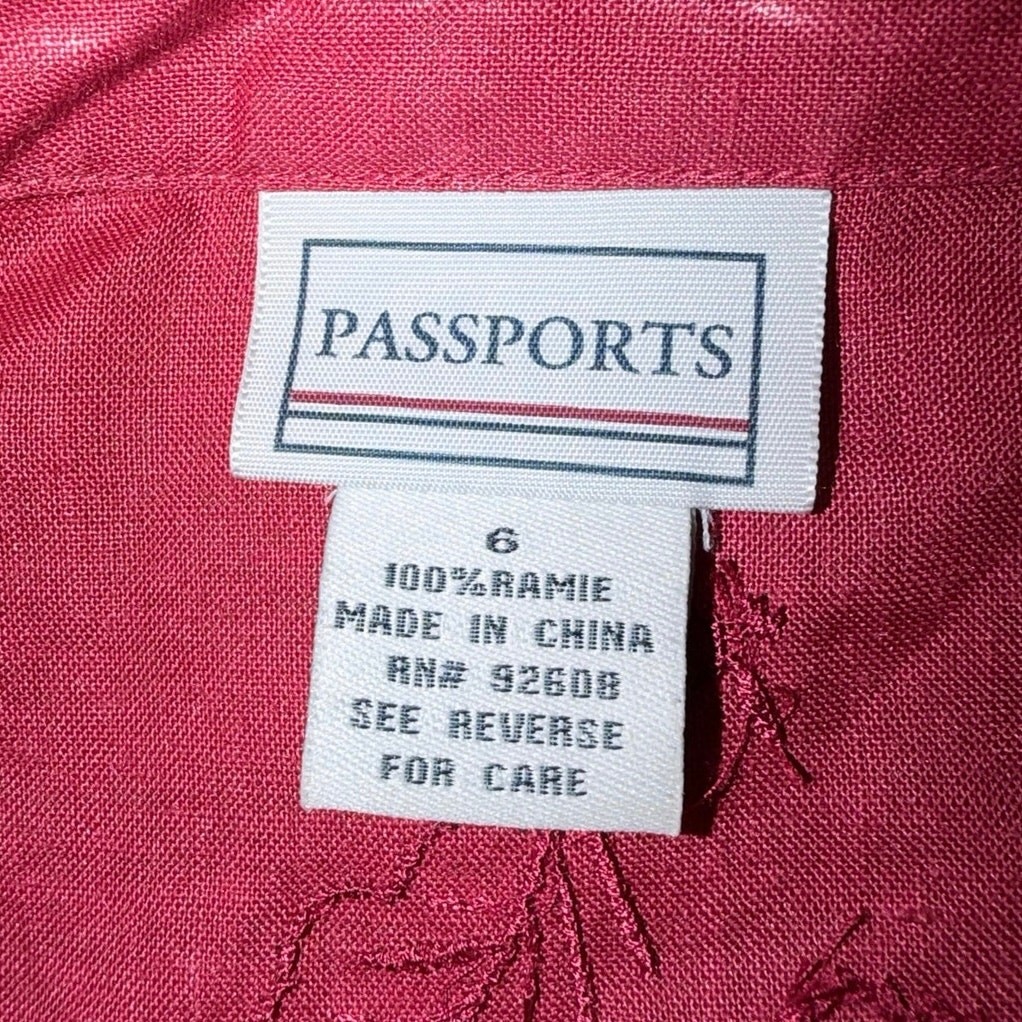 Vintage passports deep red 100% ramie button front tunic duster jacket size 6
