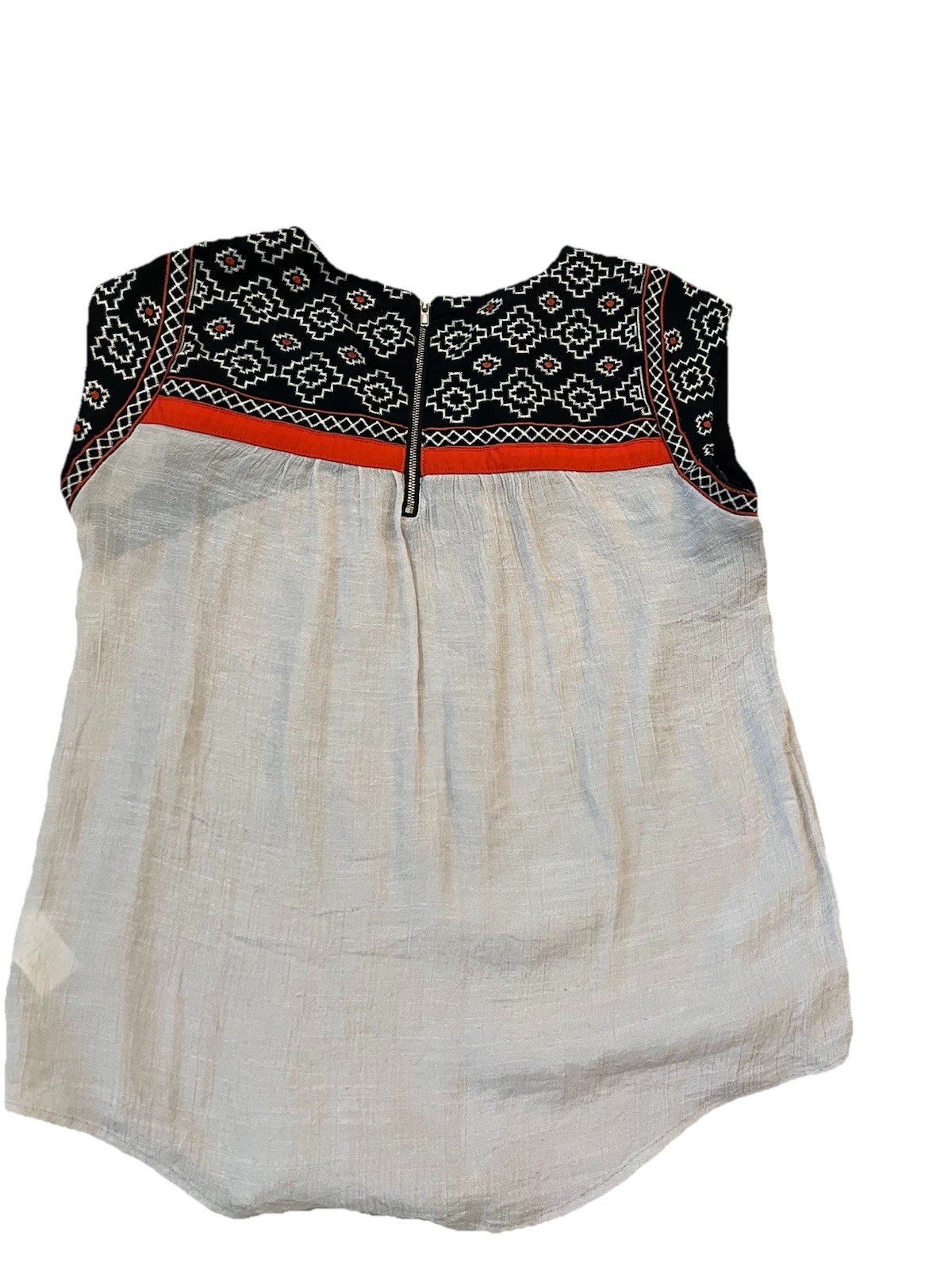 🌸THML Anthropologie Small Tan Black Orange gauze Embroiderd Cap Sleeve Top