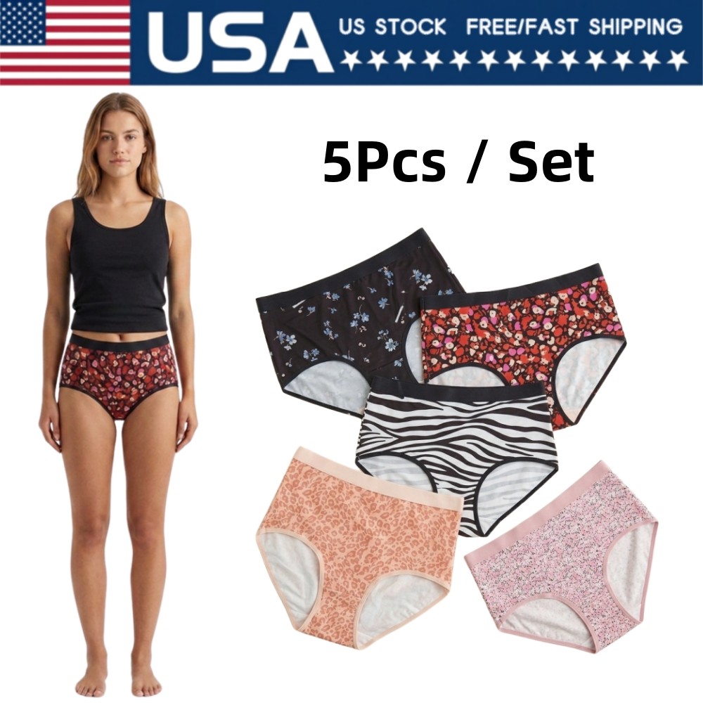 5 Pack Women High‑Rise Printed Soft Briefs, Multi‑Pattern Daily Ladies Panties