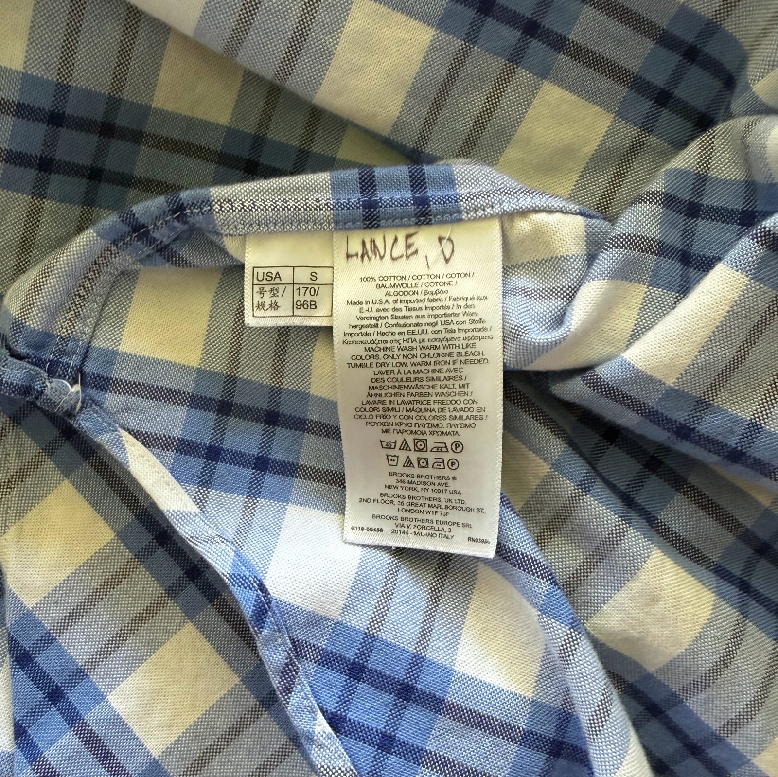 Brooks Brothers Milano Shirt S Small Blue Plaid Supima Cotton Made in USA Slim