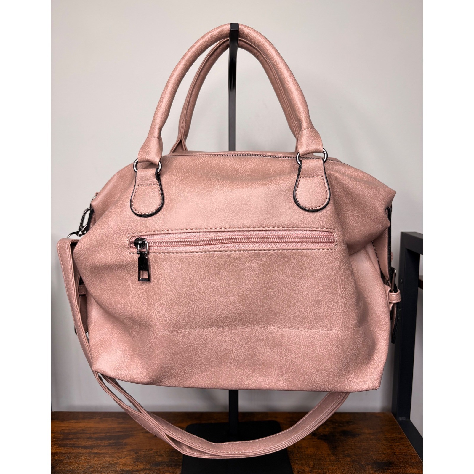 Pink Faux Leather Satchel Handbag Crossbody Purse with Side Buckles Gunmetal HW