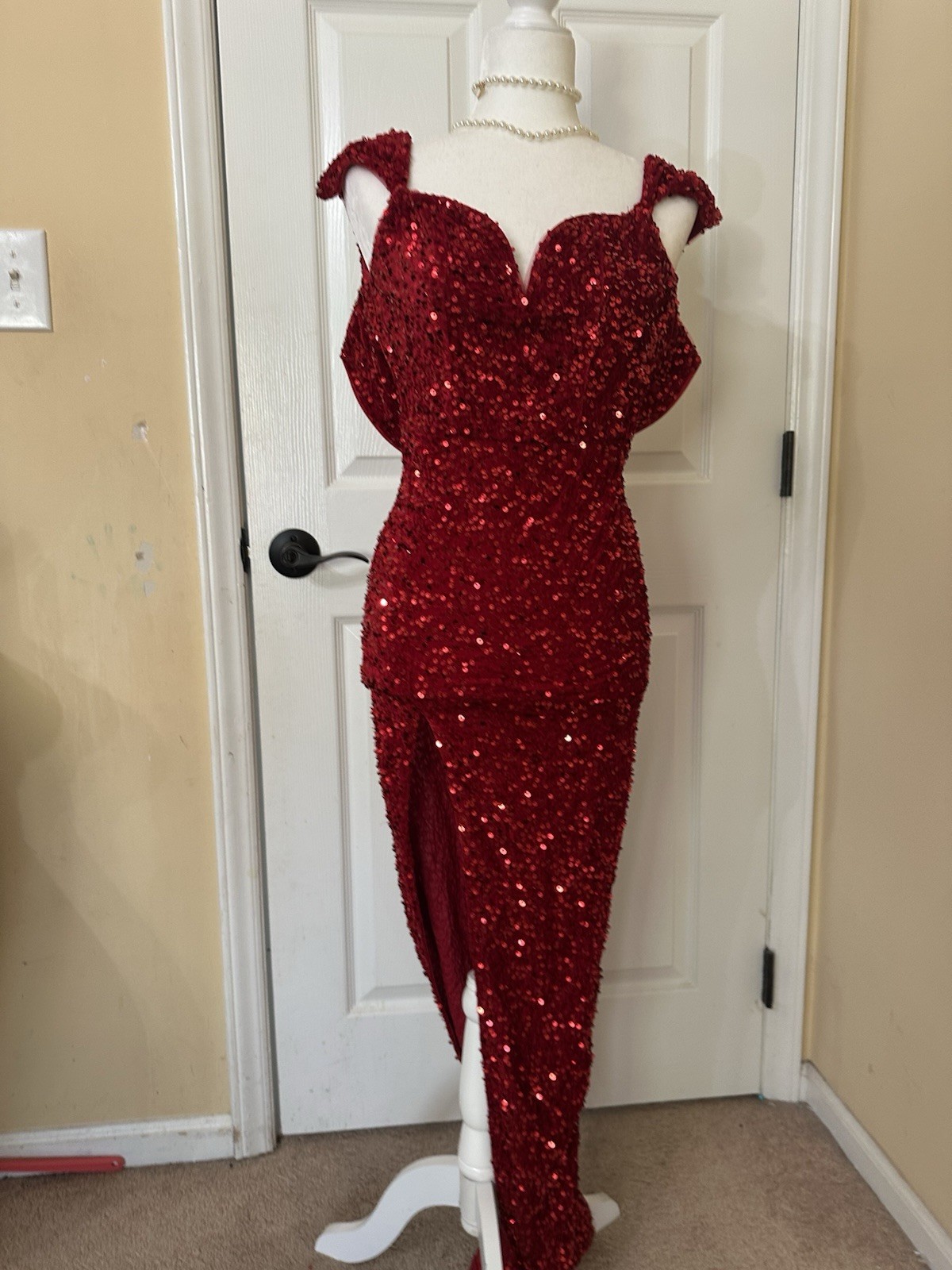 Fashion Women Sexy V Neck Bodycon High Slit Velvet Sequins Dress Cocktail Party