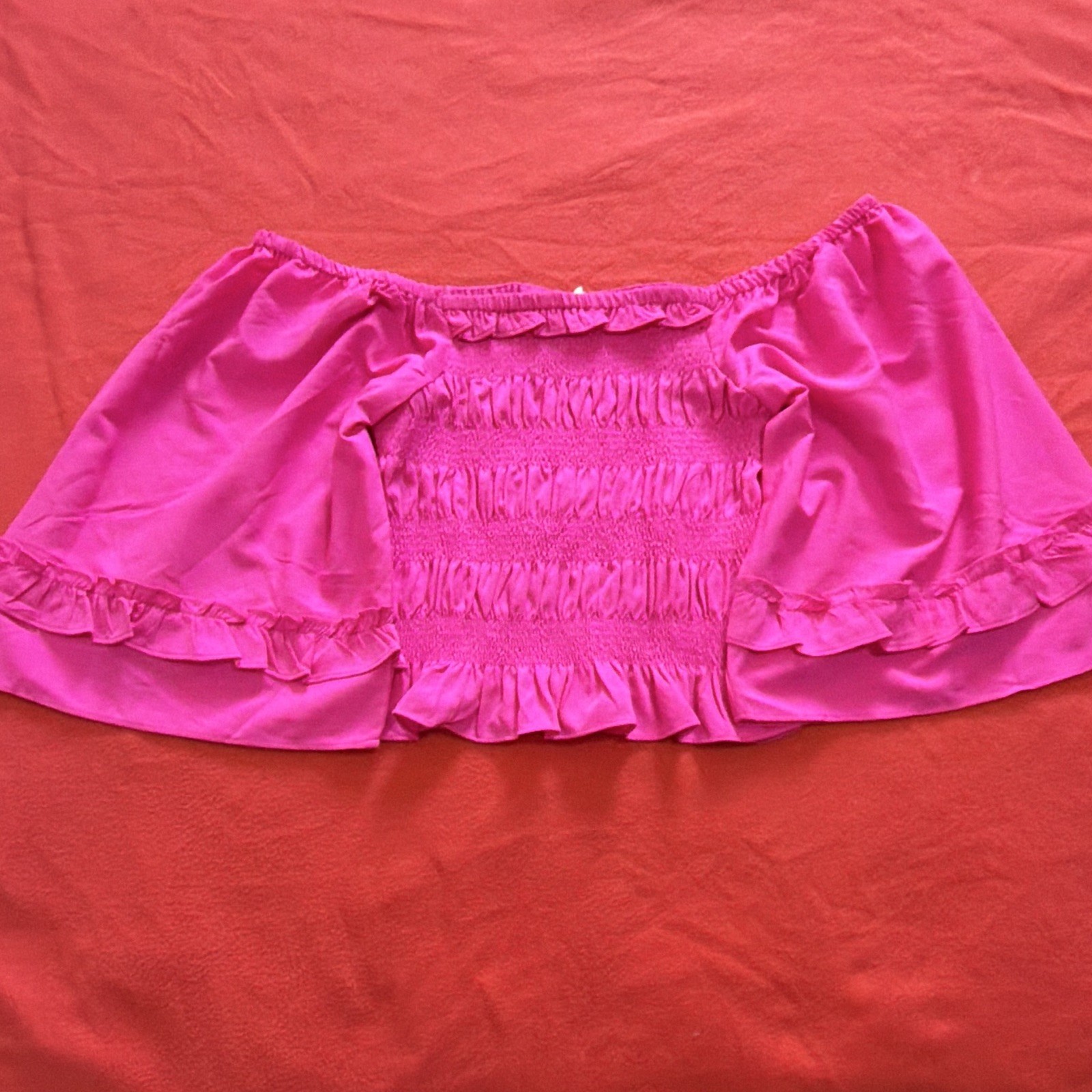Wishing Waves Pink Solid Off Shoulder Puff Sleeve Smocked Cropped Blouse S