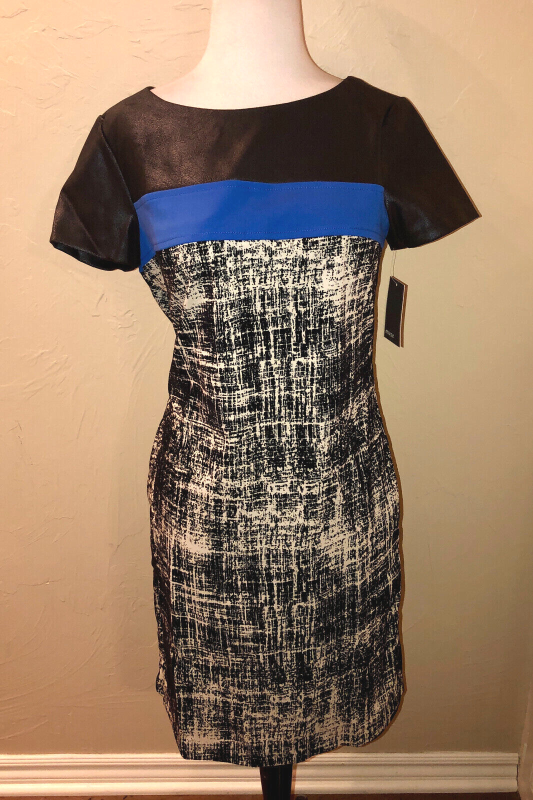 MUSE $148 Faux Leather FLocked Knit Sheath Career Dress Wear to Work New 6 Cute!